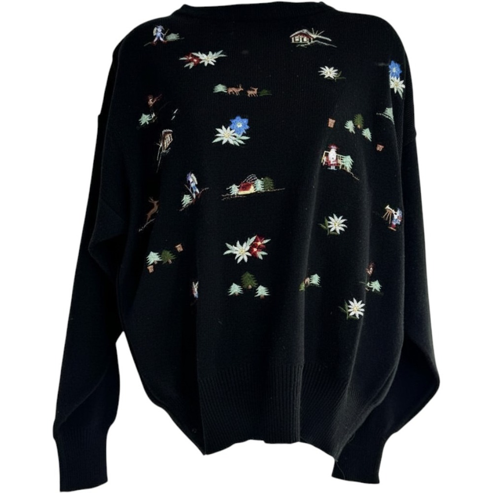 Vintage Meister Embroidered Alpine Ski Sweater Black‎ Wool Blend  Chalet Medium
